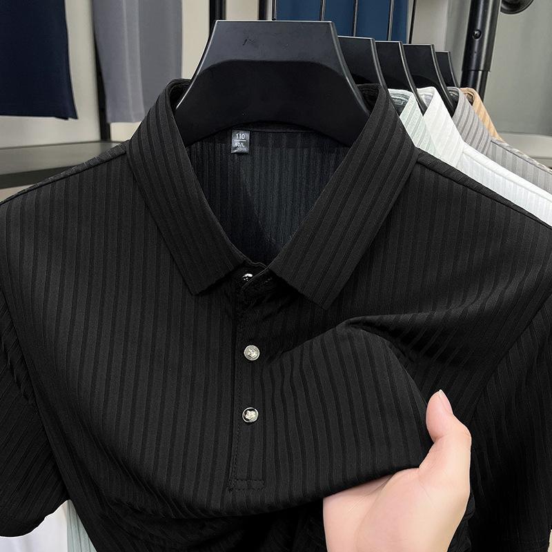 High-End Striped Ice Silk Short-Sleeved T-Shirt Men'S Lapel Solid Color Polo Half-Sleeved Breathable Clothes