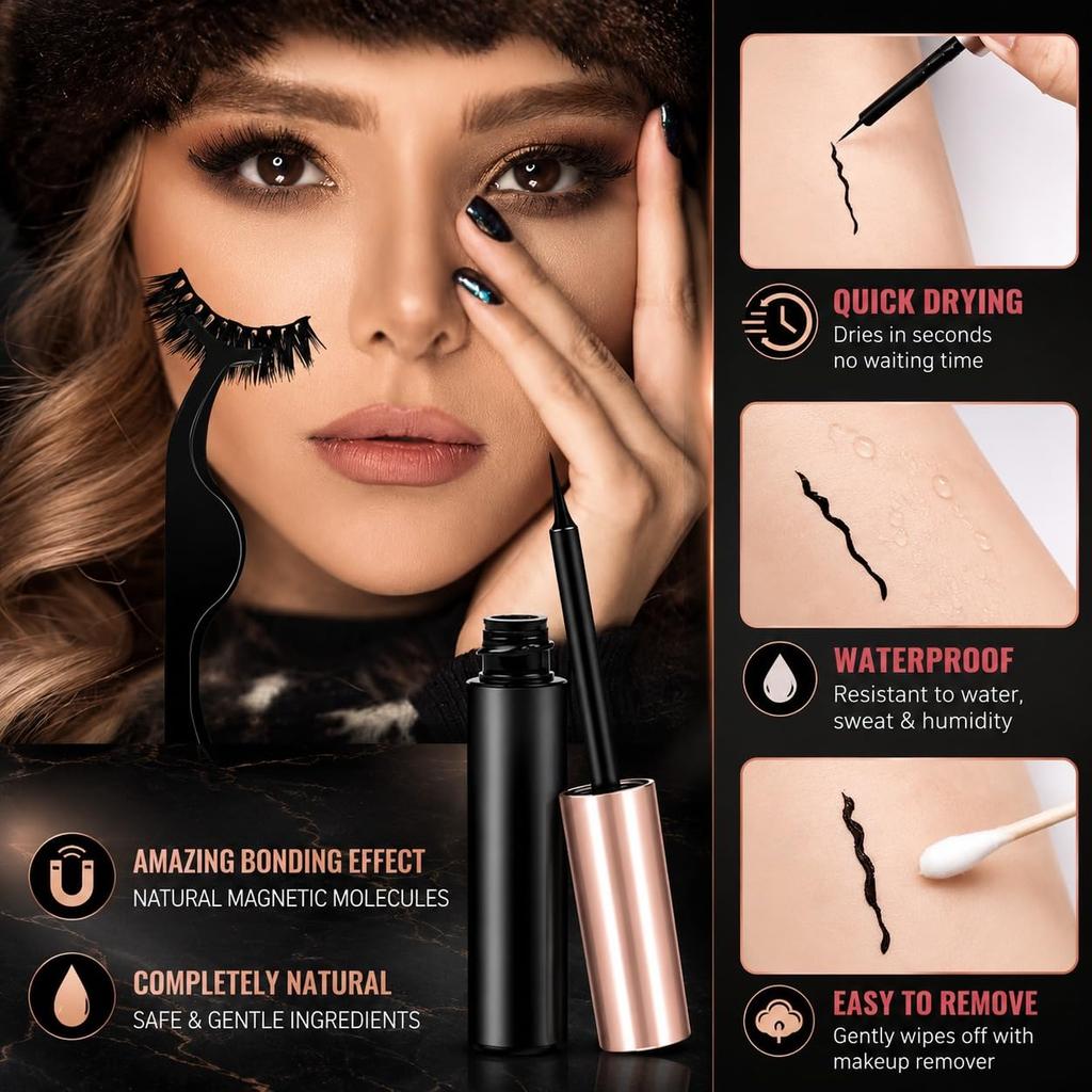 Kaidaa Magnetic Eyelashes with Magnetic Eyeliner Kit 3 Pairs, Reusable 3D Faux Mink False Eyelashes, Waterproof Liquid Eyeliner, Natural Look Las