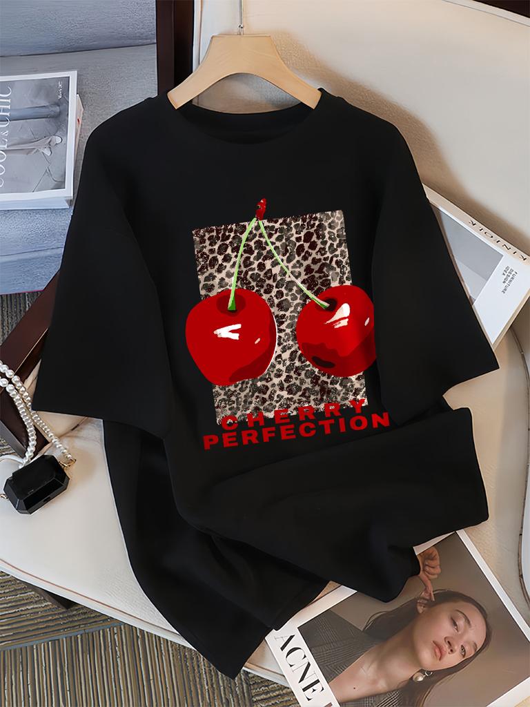 Fashion Leopard And Cherry Perfection Pattern T Shirt Women Summer Soft Tops Cotton All-Match Short Sleeve O-Neck Loose T-Shirts