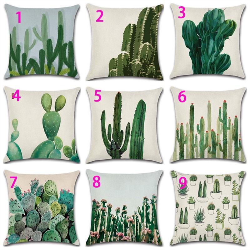 Premium Quality Cotton Linen Square Pillow Cover Featuring Tropical Cactus Design