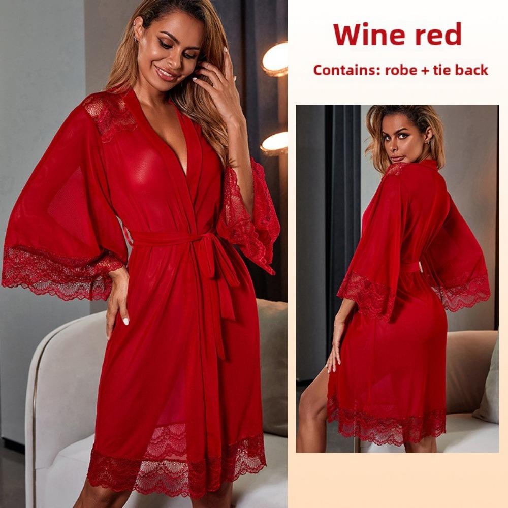 Mesh Nightgown Perspective Underwear Sexy Lace Splicing Robe Loungewear