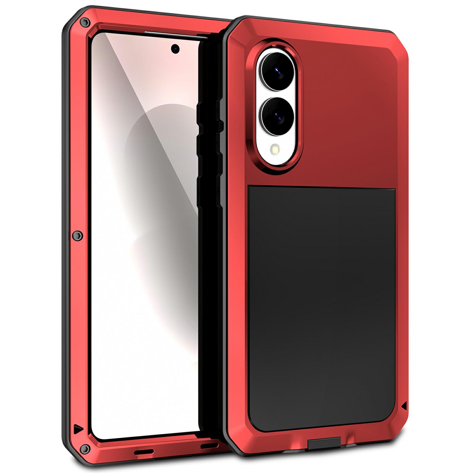 

For Samsung Galaxy S25 Edge Case Silicone+Metal Phone Cover with Tempered Glass Screen Protector Red