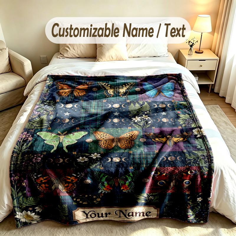 Butterfly Theme Soft Blanket Personalized Custom Name Text Print Warm Blanket Home Sofa Bedroom Decor