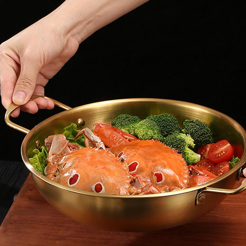 Pentola per noodles istantanei in acciaio inossidabile, piccola pentola per una persona, pentola asciutta a fondo piatto con doppia spiga dorata, pentola per zuppa di pesce a gas per uso domestico