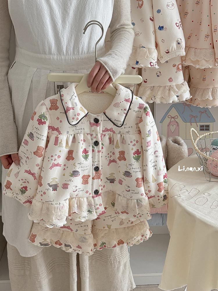 

Зимний пижамный комплект для девочек - На флисовой подкладке, Кружевной, Удобный, Милая домашняя одежда, Новый стиль 2025 130cm