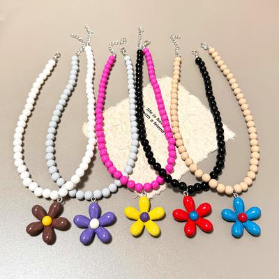 Y2K Colorful Flower Pendent Necklace for Women Handmade Beaded Clavicle Chain Charm Collar Choker Dopamine Sweet Jewelry Gifts