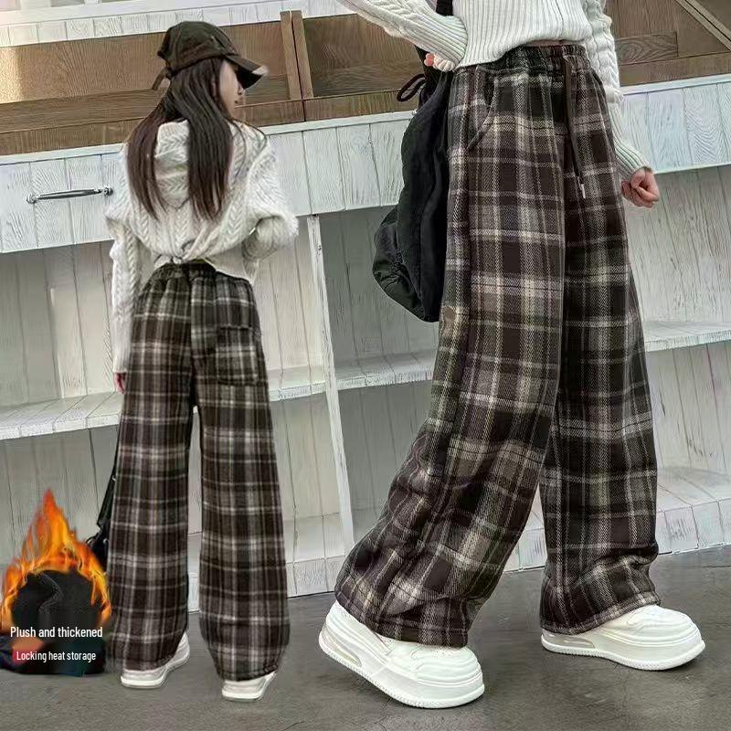 2025 Autumn/Winter Girls' Fashion Plaid Wide-Leg Barrel Pants - Stylish Casual Trousers for Kids