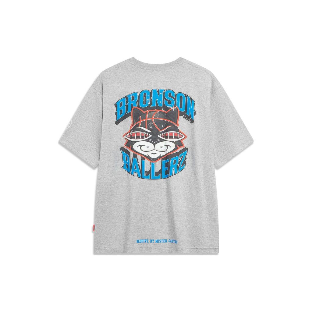 Li Ning X Mister Cartoon Collaboration Badfive Letter Graphic Print Loose Short Sleeve T-Shirt Unisex T-Shirts Flower-Gray AHST973-2