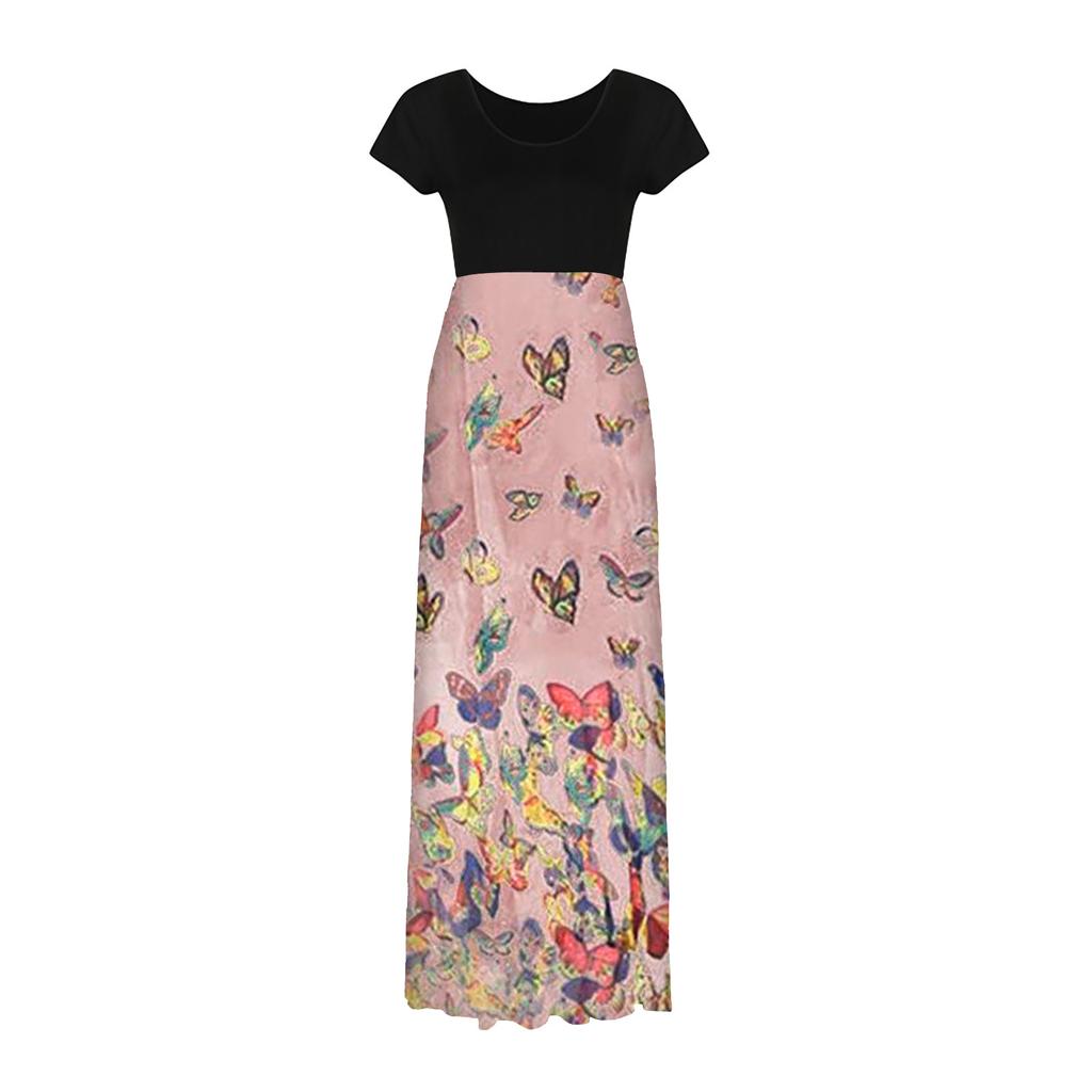 Women Fashion  Gradient Print Short  Sleeve Spaghetti Maxi Dress