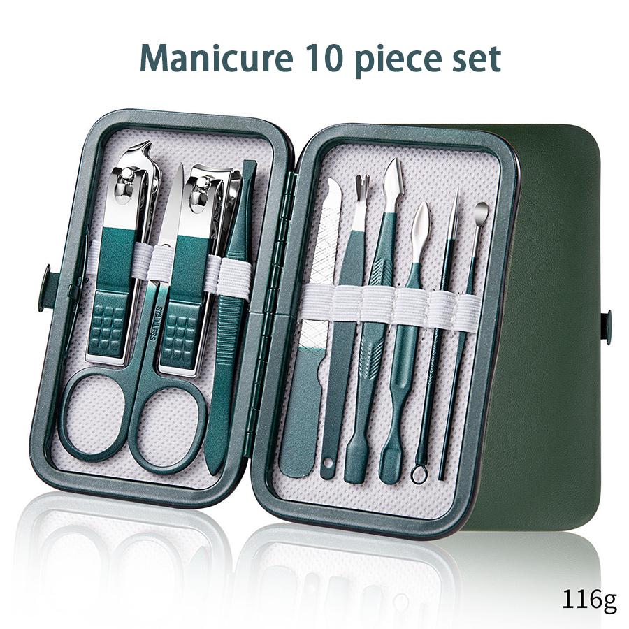 Green Manicure Set With Leather Case Professional Foot And Face Care Tool Kits Stainless Steel Nail Clipper Sets Gift