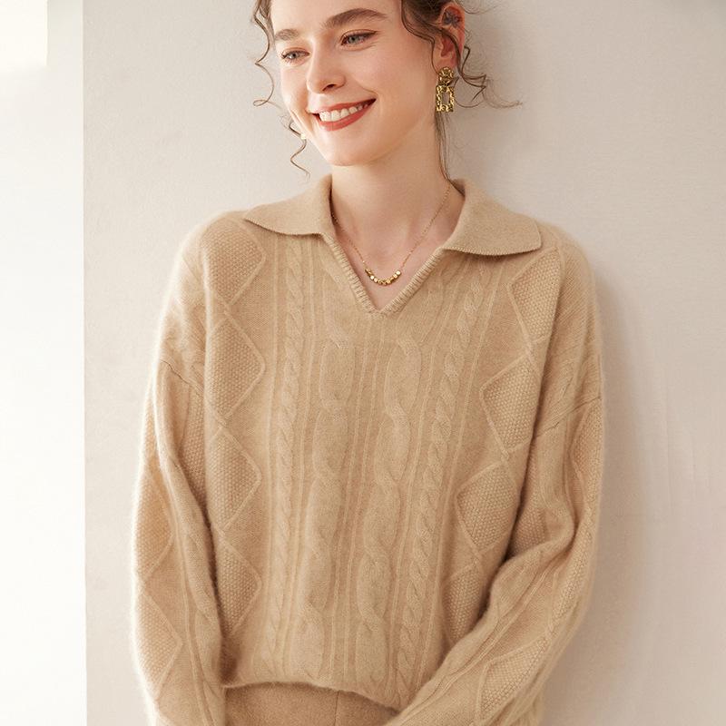 Women's Long Sleeve Three-Strand Twisted Cashmere Polo Sweater - Soft, Loose, Fashionable, and Skin-Friendly
