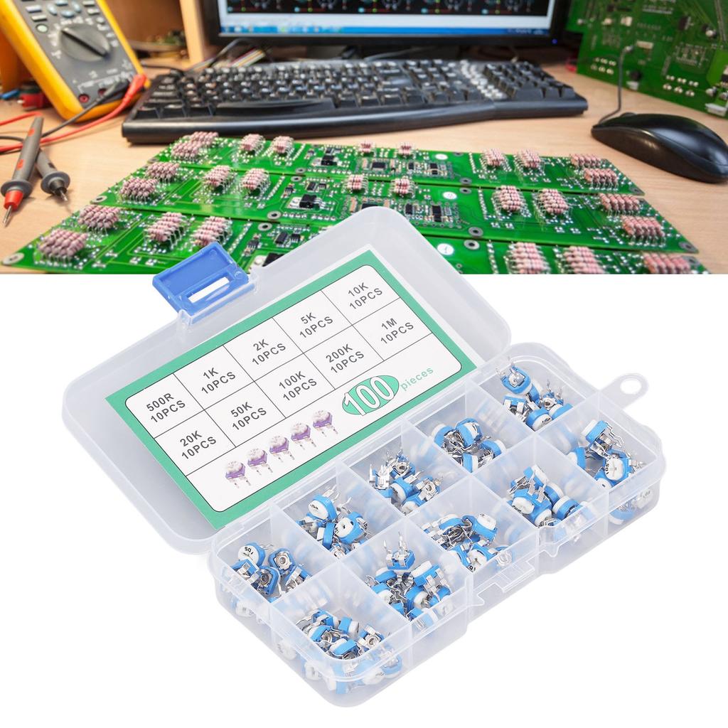 100 Pcs Variable Resistor 10 Values 500R To 1M RM065 Blue White Trimmer Potentiometer Assortment Kit