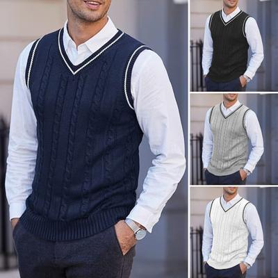 Gilet Maglione da Uomo Scollo a V Senza Maniche Vestibilità Slim Colorblock Lavorato a Maglia Pullover Slim