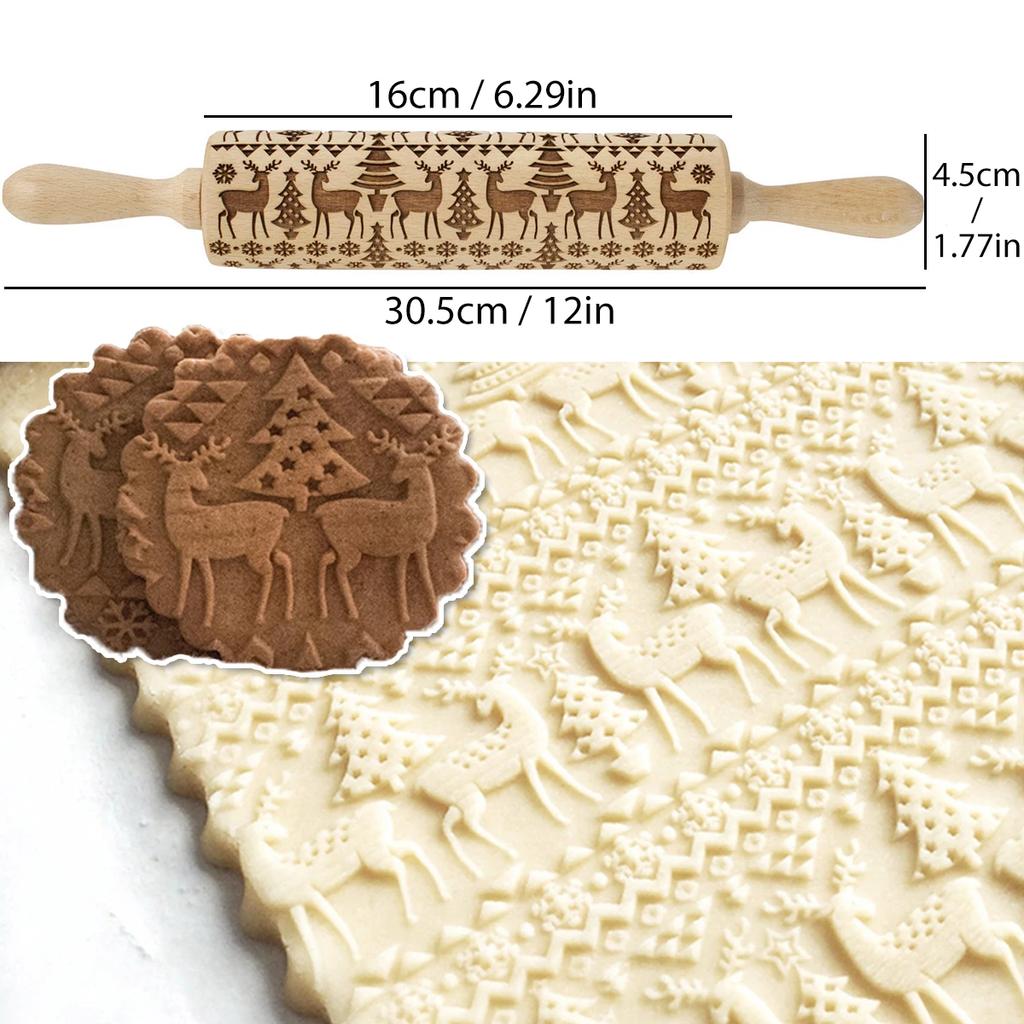 1 ks Dřevěný vánoční váleček s květinovými vzory a vzorem sobů pro kuchyňské pečivo, DIY pekařské nástroje, embosovaná 3D forma na sušenky