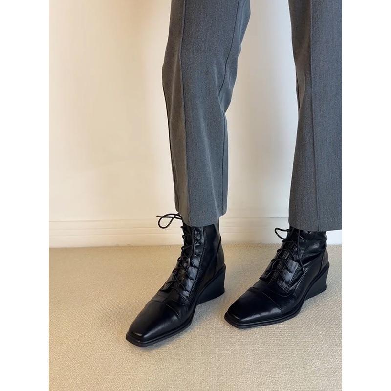 Cowhide version~ Wedge heel heightening thin boots British style Martin boots women's head thick sole retro lace-up elastic short boots