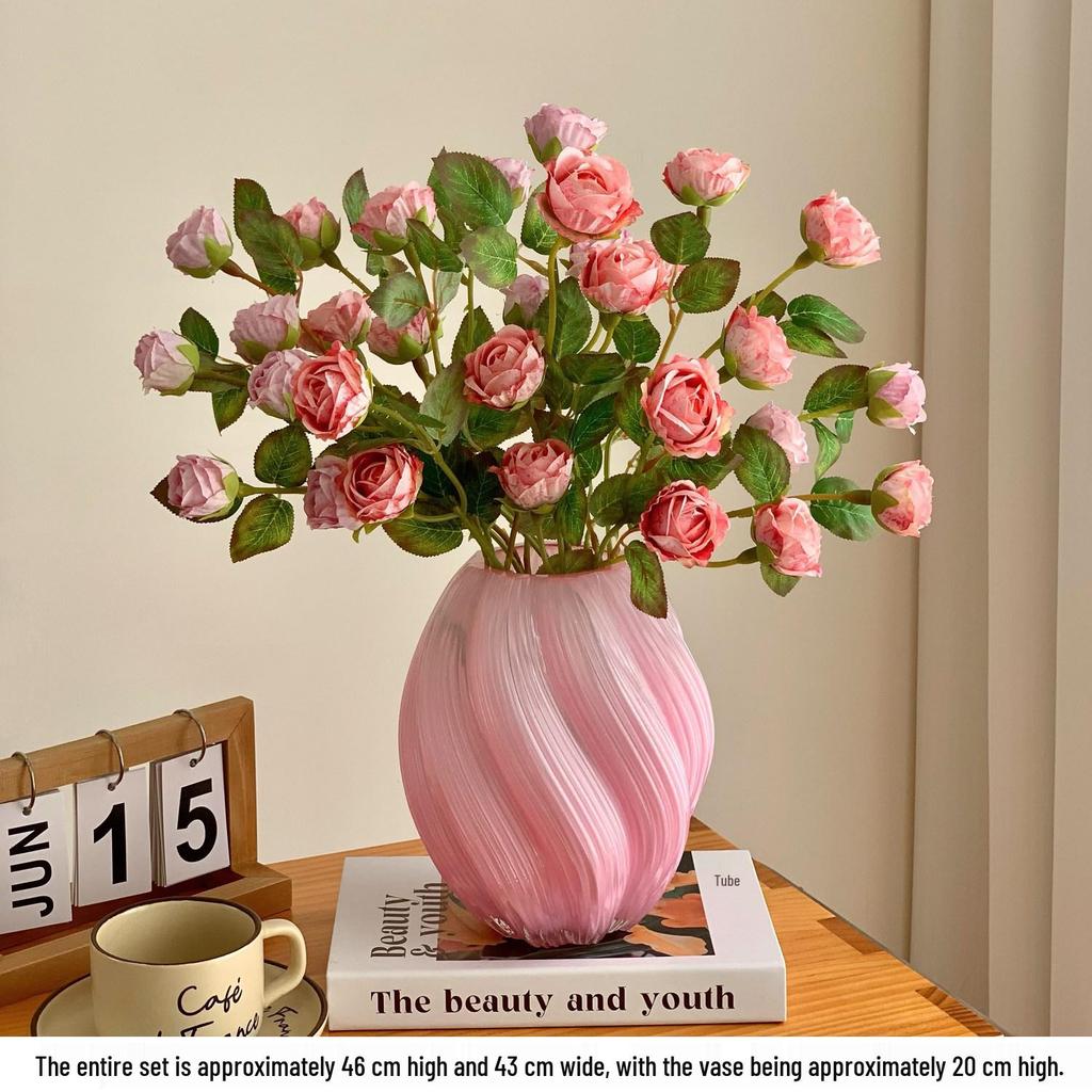 Pastoral Pink Multi-Head Rose Bouquet in Glass Vase for Living Room or Dining Table Decor