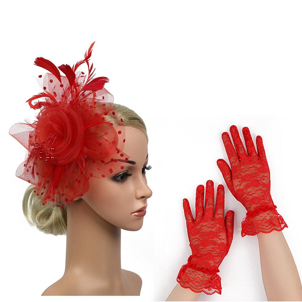 Wedding Fascinator Hat Cocktail Tea Party Headband Feather Headpiece & Gloves Set for Women Girls