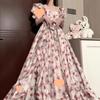 Atemberaubendes französisches Campanula Rosa Blumen Chiffon Sommerkleid - Super Feenhaft Langer Stil