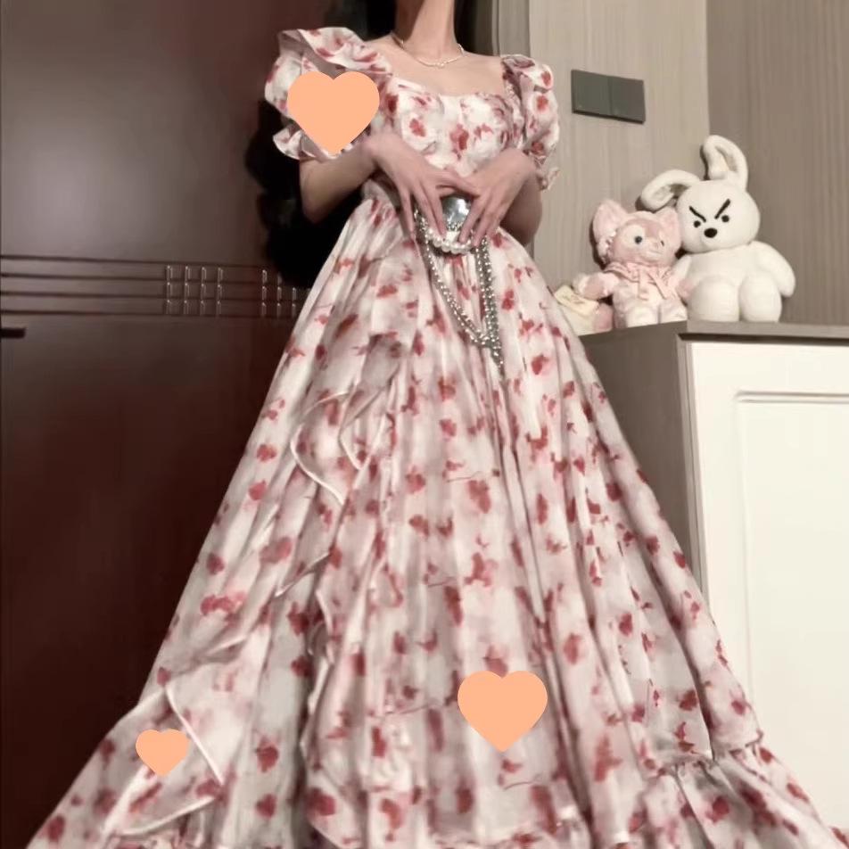 Atemberaubendes französisches Campanula Rosa Blumen Chiffon Sommerkleid - Super Feenhaft Langer Stil