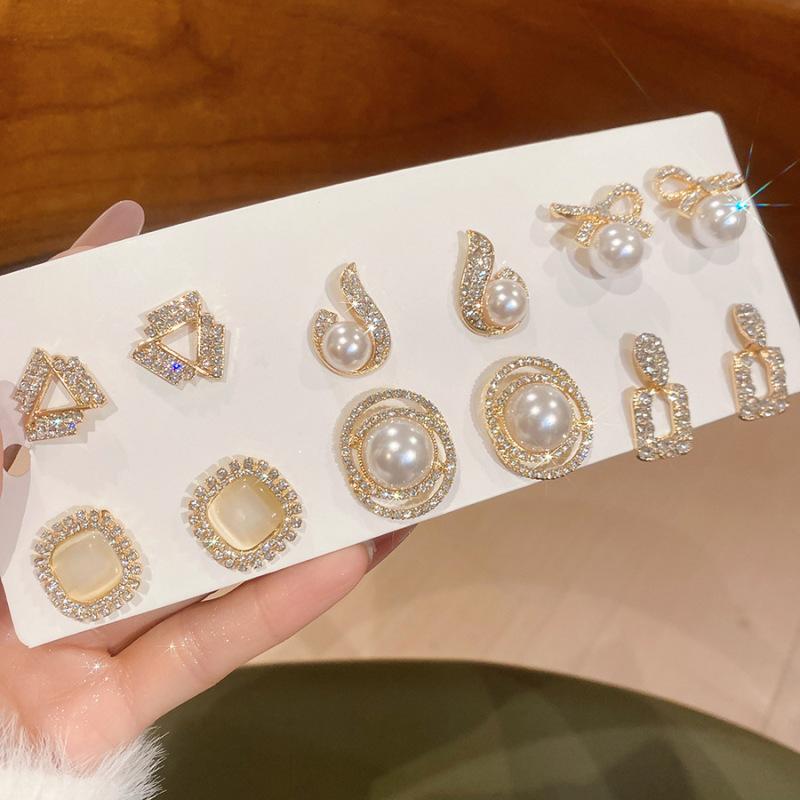 Twelve-piece set of diamond-set imitation pearl opal geometric silver needle stud earrings retro earrings