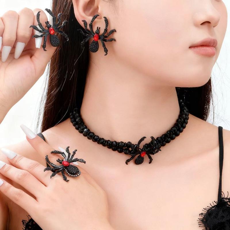 Meier Gothic dark punk statement halloween diamond spider necklace, bracelet, and ring set