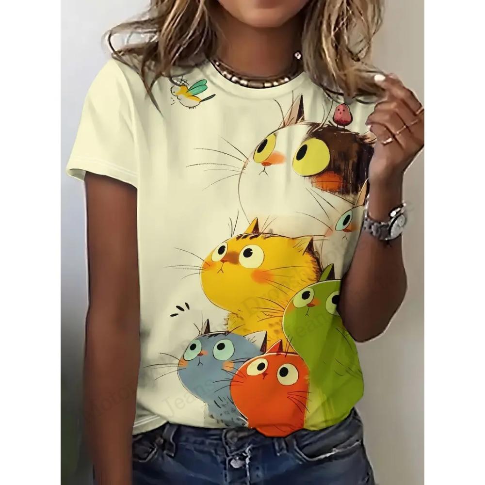 Anime Cat and Duck 3D Printed Pattern T-shirt for Women, Fashionable and Casual Cartoon Plus Size Short Sleeved Top T-shirt for Women, Clothing Animal