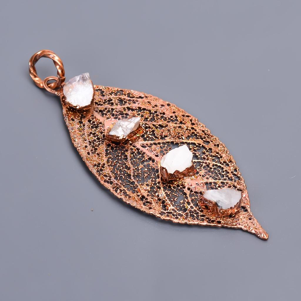 Rainbow Moonstone Rough Gemstone Copper Electroformed Handcrafted Ethnic Pendant V-38