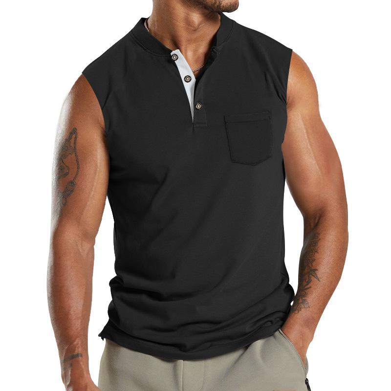 Men's Sleeveless Men's V-neck Button Sport Breathable Wide Shoulder Man T-shirt