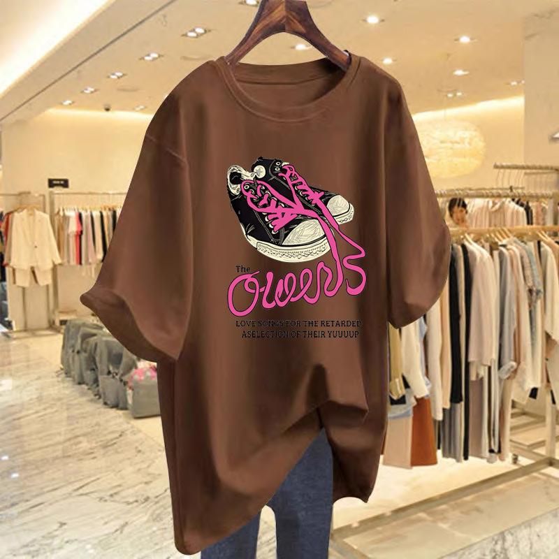 

High-end quality cotton short-sleeved T-shirt women s 2025 summer new fashion foreign style cartoon printing loose top tide XXXL