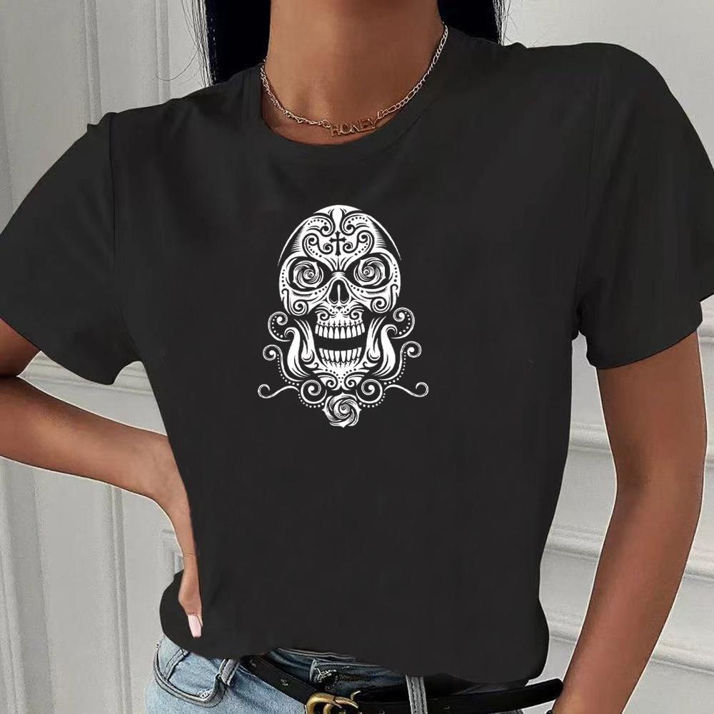 2023 Fashion Trend New T-shirt Skull Printed Female O-neck T Shirt Casual Harajuku Crew Neck  Ladies Tshirt Hip Hop Streetwear