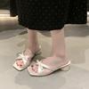 2025 Summer New Fashion Thick Heel Square Toe Open Toe Satin Bow Holiday  Slip-on Women's Sandals