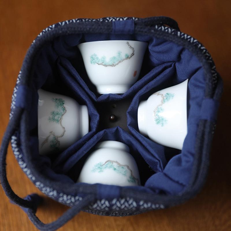 Large Denim Tea Set Carry Bag for Teapot with Four or Six Cups Portable Storage Organizer for Travel Outdoor Use No Cups
