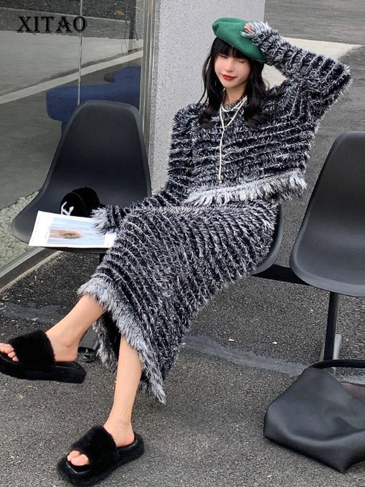 Xitao Knitted Two Piece Set Tassel Striped Full Sleeve Top Skirt Women FBB1498