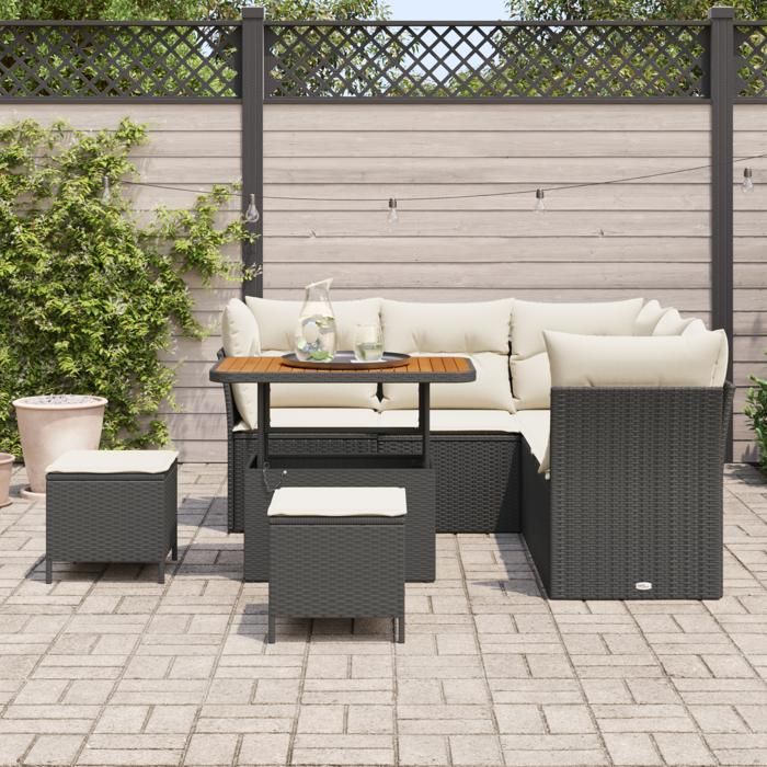 Ensemble de Canapé de Jardin de 8 Pièces avec Coussins Noir Poly Rattan Acacia, Ensemble de salle à manger de jardin 3361485