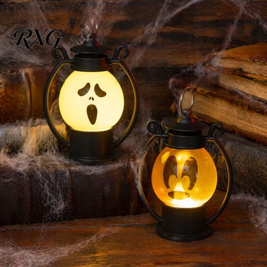 Safe Flameless Candle Halloween Ghost Face Night Light, Portable Retro LED Lamp with Hanging Indoor Outdoor Lighting Ring, Battery Operated