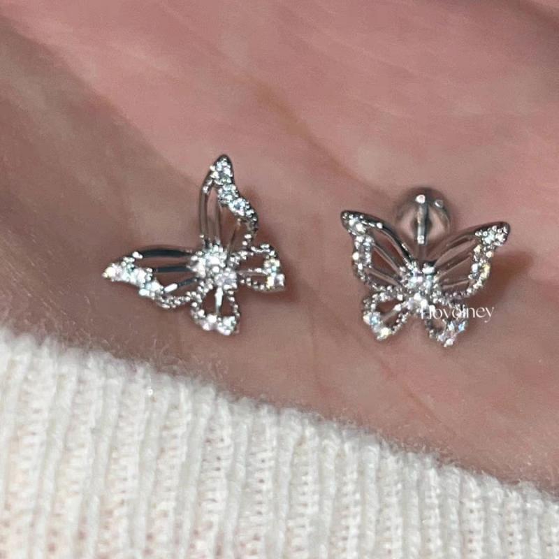 Shiny Silver Color Rhinestone Hollow Butterfly 316L Stainless Steel Ear Bone Nail Delicate Waterproof Small Earrings for Women