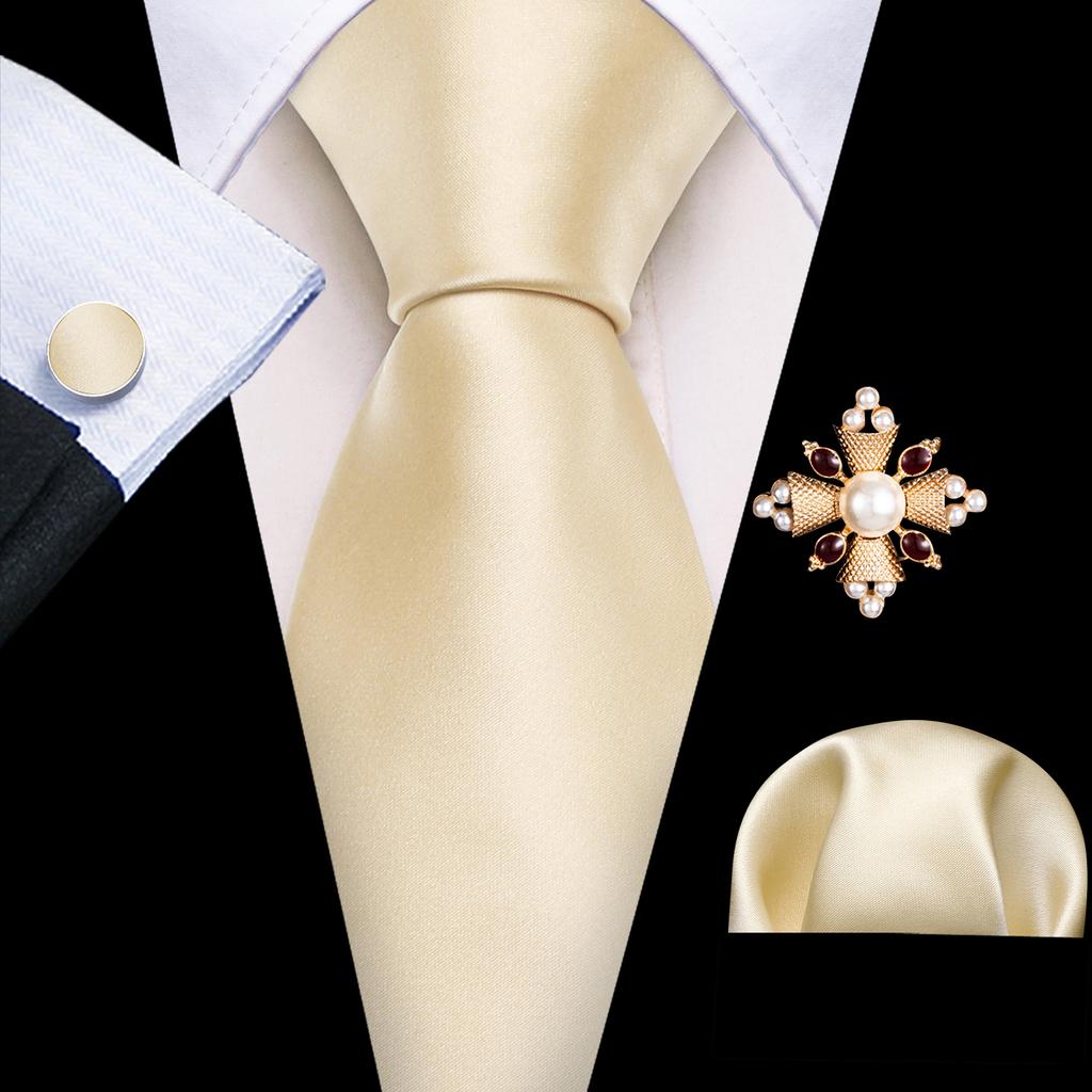 Pearl Brooch with Silk Tie for Men Vintage Floral Teal Necktie Hanky Cufflinks Gift Formal Set