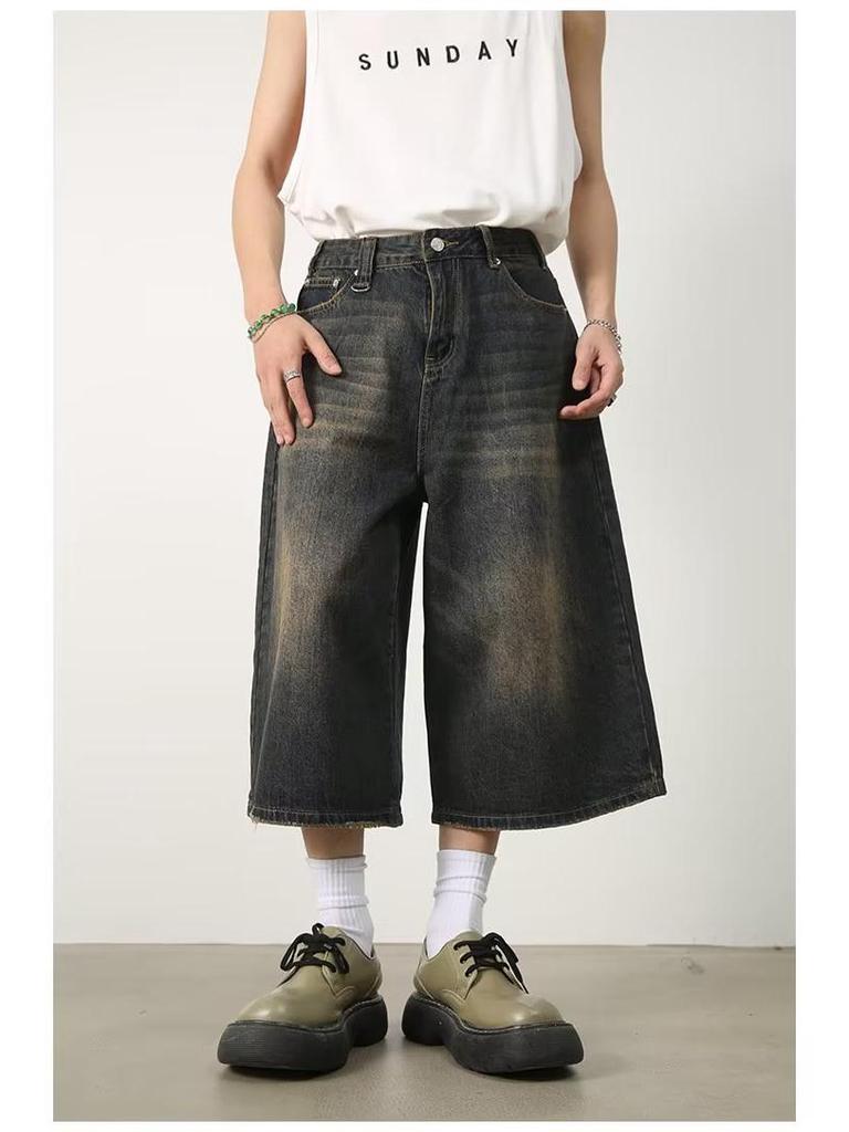 Pánské japonské retro džínové šortky - Trendy, volný, širokonohý styl pro letní módu