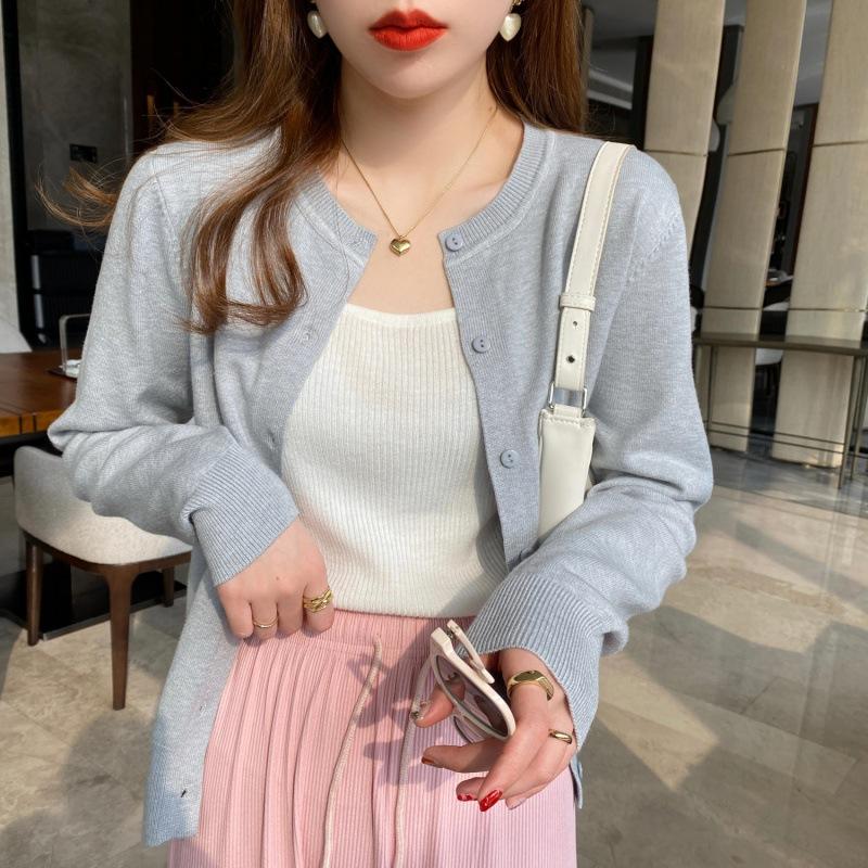 Spring and Autumn Long Sleeved Cardigan Women's Knitted Jacket Fashion Thin Sweater 2025 Elegant O Neck Slim Fit Solid Color New Short Coats Clothing