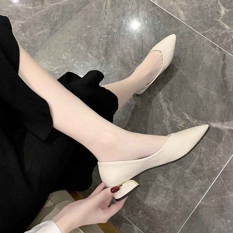 Fashion 2024 Spring and Autumn New Single Shoes Women Thick Heel Pointed Toe Shallow Mouth Professional All-match Women's Leather Shoes