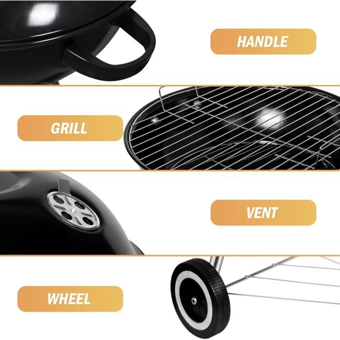 SunJas Barbecue a Charbon Rond, BBQ Mobile Barbecue Grill Portable De Jardin, Avec Couvercle Et 2 Roues - 46 44 70cm