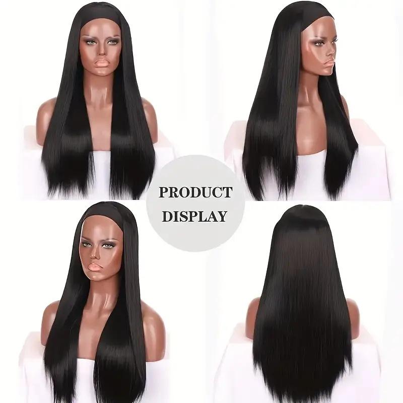 Meier Women's headscarf wig black ice silk headband long straight hair wig headwear