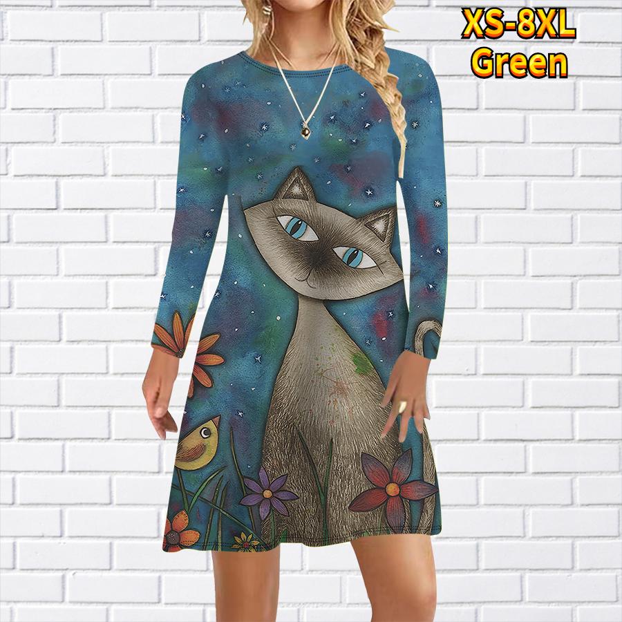 

Жіноча повсякденна сукня Художні сукні з котячим принтом для жінок Сукня з круглим вирізом і короткими рукавами, великий розмір M зелений