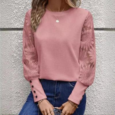Elegante T-shirt a maniche lunghe con scollo rotondo in pizzo floreale - Morbida, Traspirante e Confortevole per Primavera e Autunno