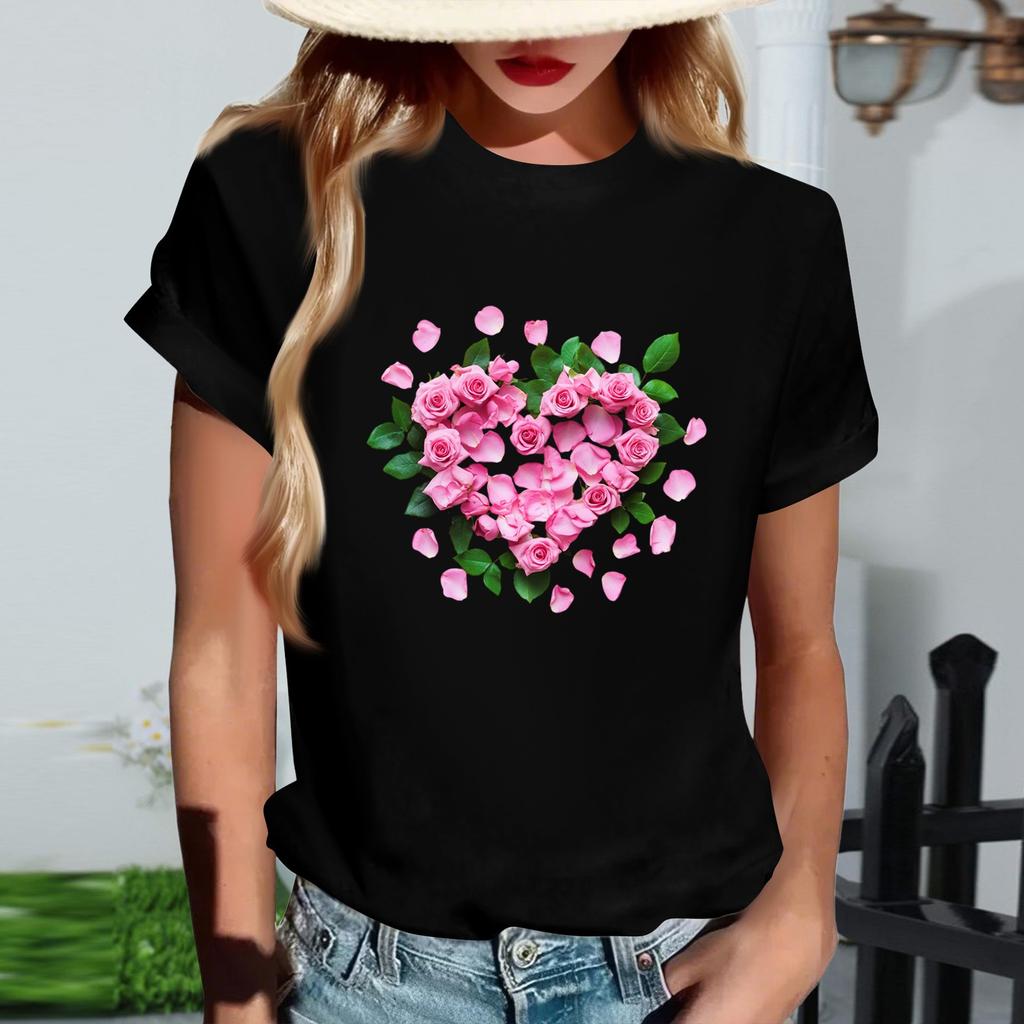 Women's Fashionable Round Neck Casual Retro Print Short Sleeved T-shirt Top