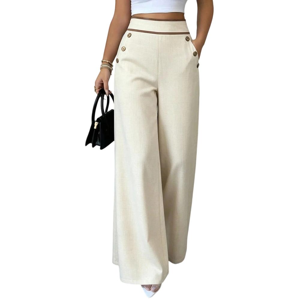 Women High Waist Wide Leg Pants Button Detail Straight Leg Casual Trousers Lightweight Loose Fit Bottoms for Everyday Wear