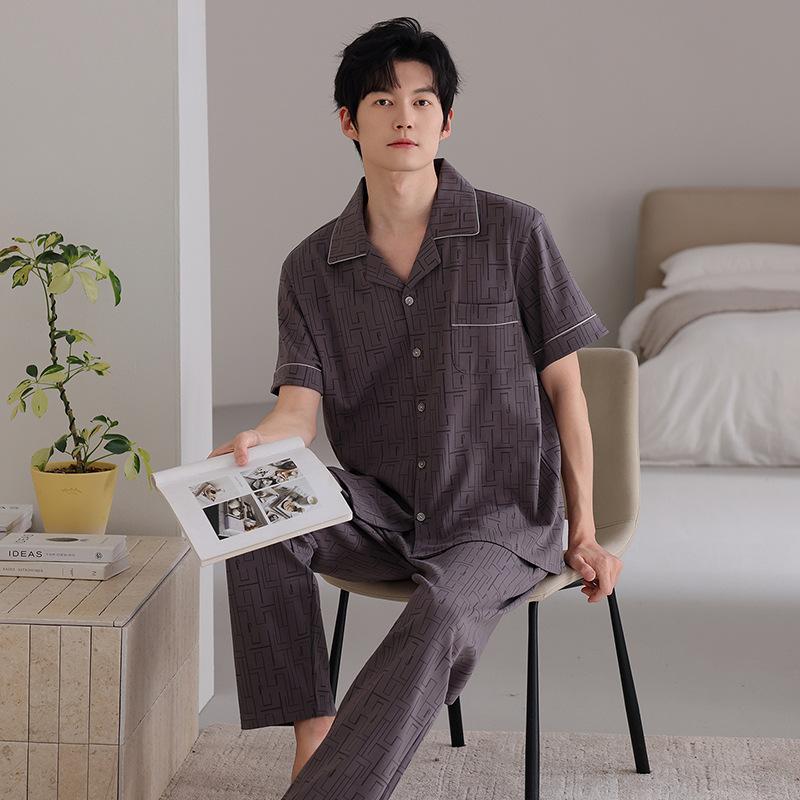 Pajamas Men's Summer Cotton Short Sleeve Trousers Thin Summer 1011 New Men's Large Size Summer Loungewear
