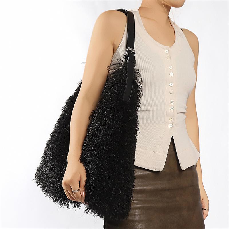 Yogodlns Large Capacity Fluffy Fur Shoulder Bag Y2k Fashion Plush Women Commute Shoulder Bag Tote Casual Winter Shopping Underarm Handbag