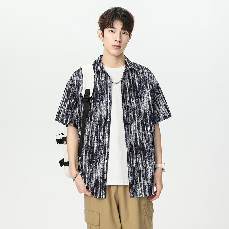 Men's Black White Abstract Stripe Print Short Sleeve Shirt - Oversized Casual Streetwear Summer Button Up