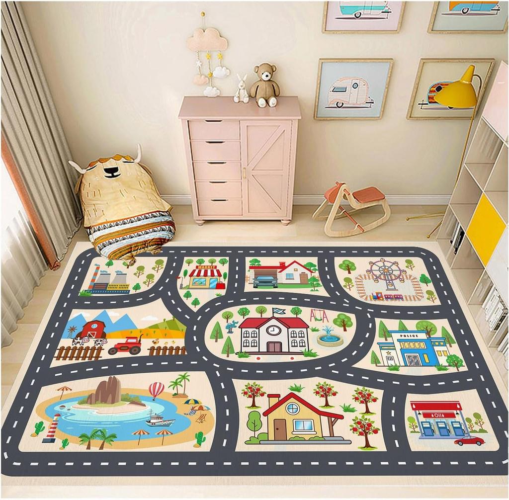 Kids City Road Play Rug Educational Traffic Map Carpet Multi-Scenes Game Mat Factory Farm Police Station Non-Slip Playroom Decor